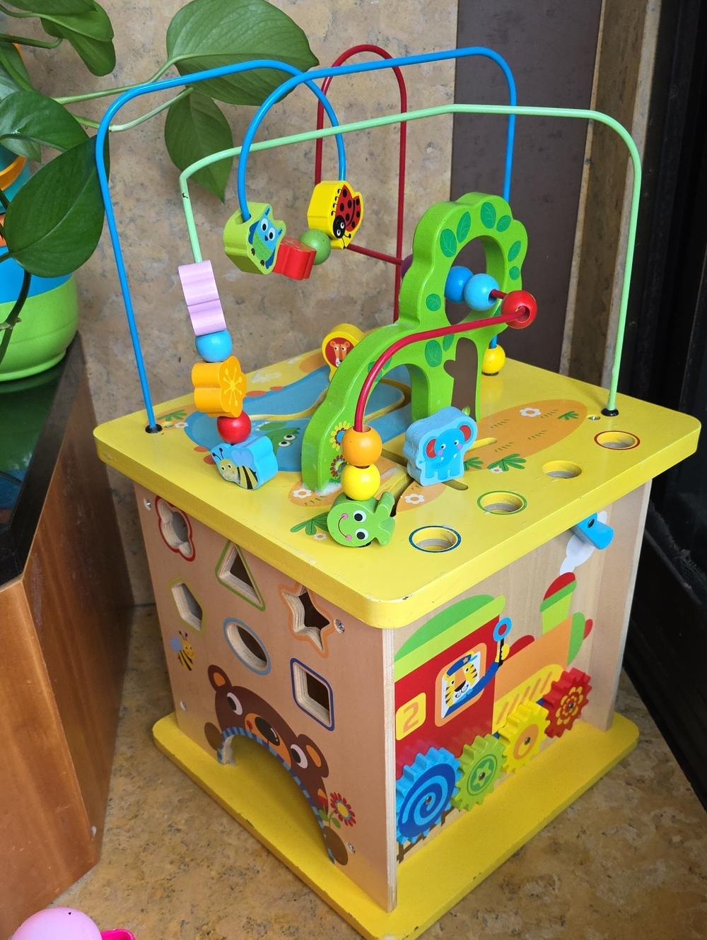 Multicolor Wooden Learning Activity Cube with Bead Maze - Yellow Top